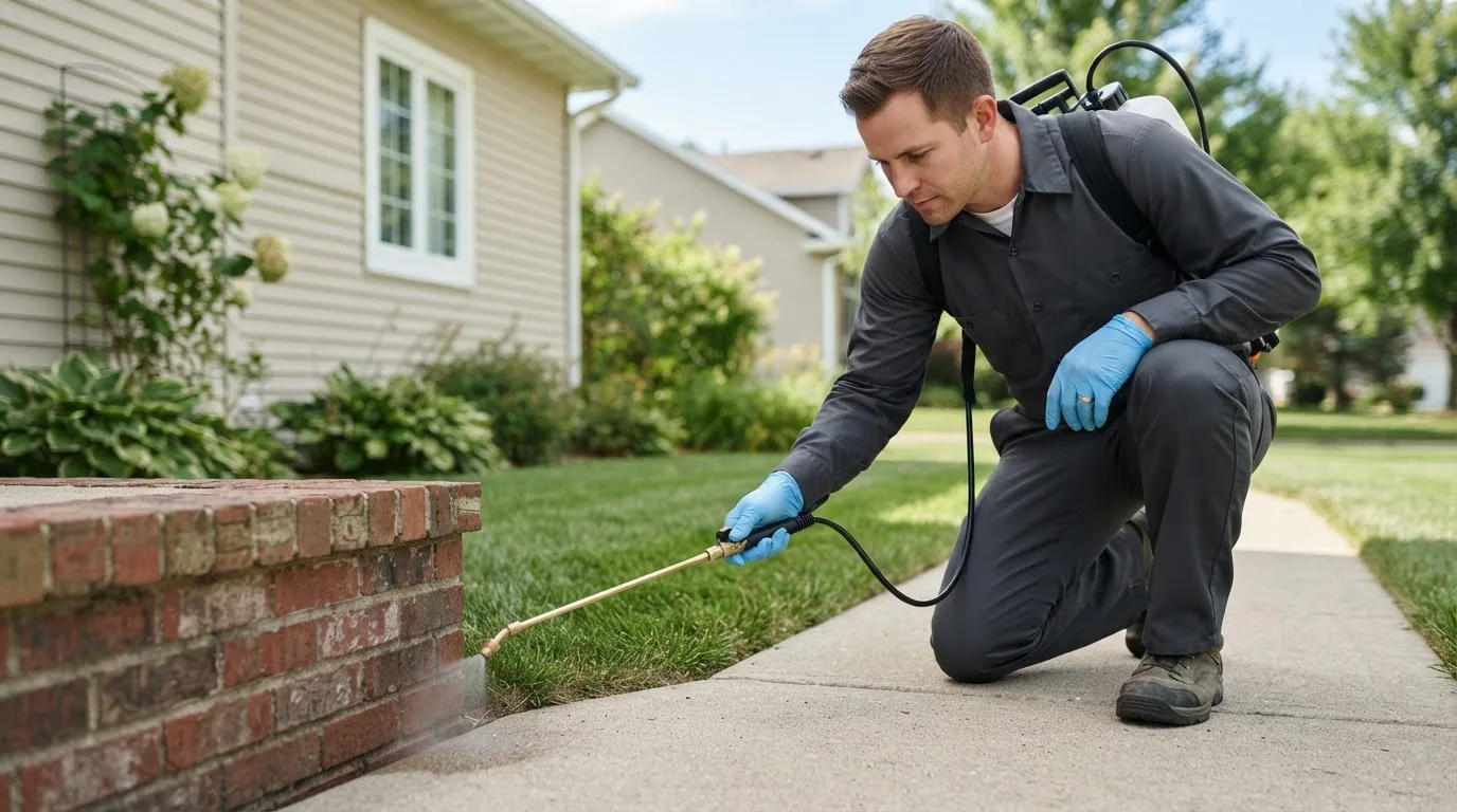 Pest control technician treating a home near Plymouth, MA