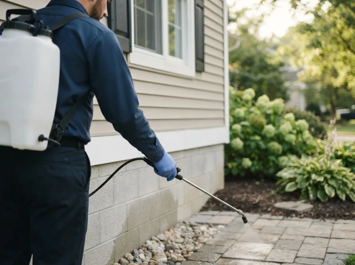 Pest control technician inspecting a home in Plymouth, MA